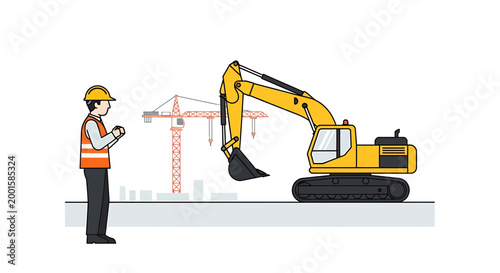 Construction worker, yellow excavator, building site, industrial vector