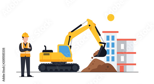 Construction worker, excavator, building site, yellow machine, industrial illustration
