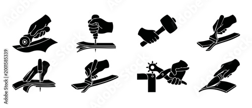 Leather Crafting Tools Icon Set, Manual Leatherworking Process Symbols with Hand and Tools, Cutting, Punching and Stitching Leathercraft Equipment Silhouettes for Workshop and Manual Labor Projects