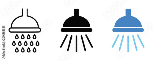 Set of shower head icons, bathroom equipment symbols, water spray signs, vector illustration