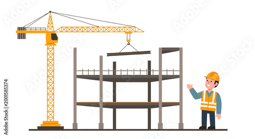 Construction worker, building framework, crane, industrial site, steel beams