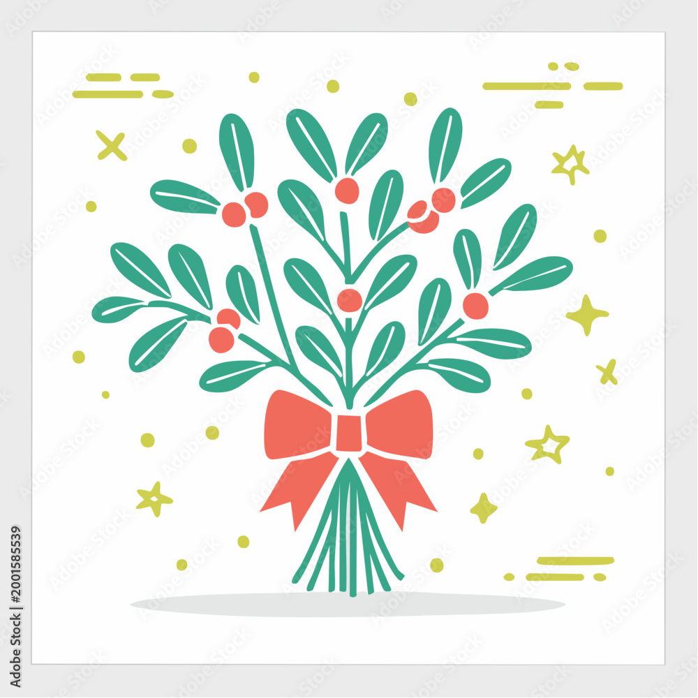 Naklejka premium Mistletoe with Red Bow and Stars