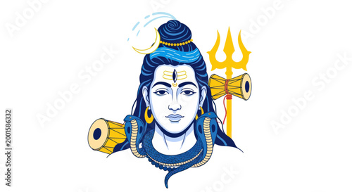 Lord Shiva Illustration: Third Eye, Trident, Serpent, Crescent Moon