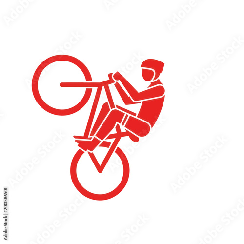 Red BMX rider doing a wheelie trick on a white background, action sport icon