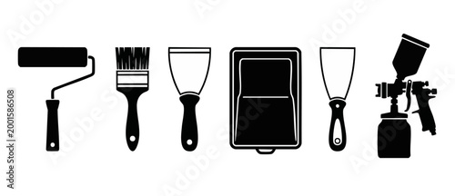Paint Tools Icon Set: Roller, Brush, Putty Knife and Spray Gun for Home Renovation, Painting Projects, DIY Repair, Maintenance and Construction Equipment Graphics, Isolated Black Silhouettes on White