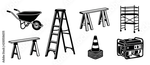Construction Equipment Icons Set, Tools and Building Supplies Vector Graphics for Infrastructure Project, Featuring Wheelbarrow, Stepladder, Scaffolding, Sawhorse, Traffic Cone, and Power Generator Is
