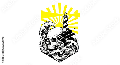 Skull, Lighthouse, and Ocean Waves - Dark Nautical Illustration