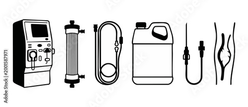 Hemodialysis Machine Medical Equipment Icons Set for Renal Treatment, Kidney Failure Therapy, Dialysis Filter, Tubing, Solution Canister, Catheter and Vein Diagram for Healthcare Clinic Illustration D