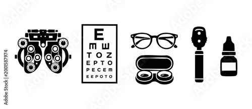 Optometry Equipment Icons Set for Eye Examination and Vision Care Diagnostics including Phoropter, Snellen Eye Chart, Glasses, Contact Lenses, Ophthalmoscope and Eye Drops in Professional Medical Styl