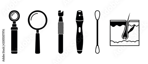 Dermatology Skin Care Diagnostic Tools Icon Set, Laser Treatment and Hair Follicle Anatomy Vector Illustration, Professional Medical Equipment for Skincare Clinic and Aesthetic Dermatology Procedures