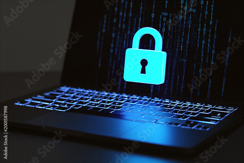 Lock icon on laptop keyboard with binary code background