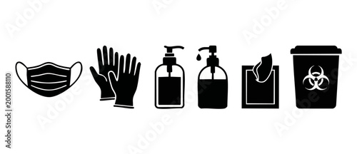 Hygiene safety icons set, personal protective equipment and medical waste disposal, health protection vector illustration, cleaning sanitizing supply kit for virus prevention, pandemic clinical protoc