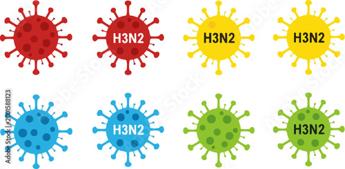H3N2 influenza virus icons set, colorful flu virus strain vector illustrations, medical microbiology pathogen cells for healthcare infographics