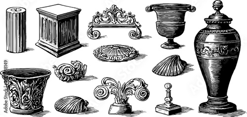 Decorative urns shells and column capitals arranged on paper