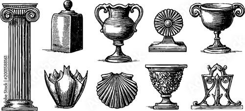 Classical architectural ornaments arranged on white background