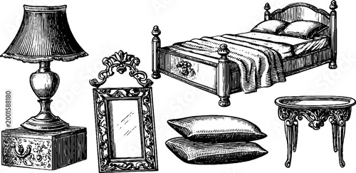 Ornate bedroom furnishings displayed in decorative interior sketch