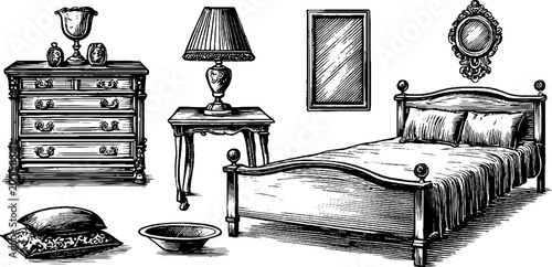 Bedroom furniture set arranged in vintage interior sketch