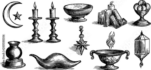 Religious ritual objects arranged in vintage engraving layout