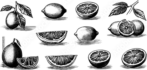 Citrus fruit slices and whole lemons arranged on paper sheet