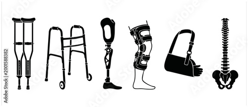 Medical Rehabilitation Equipment Icons Set: Crutches, Walker, Prosthetic Leg, Knee Brace, Arm Sling and Spine Silhouette for Physical Therapy, Orthopedic Recovery and Mobility Assistance Vector Illust