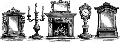 Ornate fireplace and mantel accessories with clocks