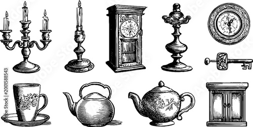 Vintage tea set and tableware arranged on white background