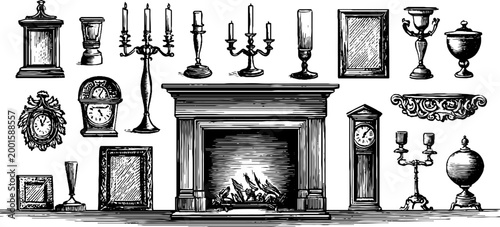Assorted antique decor and fireplace elements on shelf