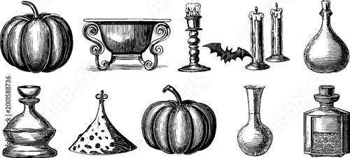 Pumpkins candles and bottles arranged with vintage apothecary objects