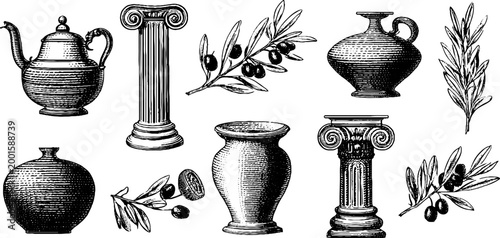 Assorted amphorae teapot and columns in engraved arrangement