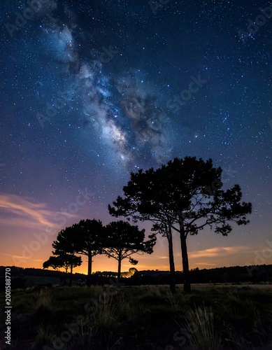 Silhouetted trees under a vibrant night sky displaying the Milky Way galaxy
