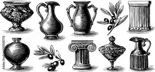 Classical vases and columns arranged with olive motifs on white background