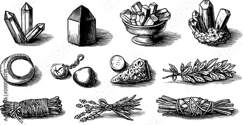 Crystal clusters and herb bundles shown as ink drawings on white background
