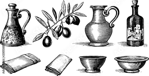 Olive branch and ceramic jugs arranged on white background