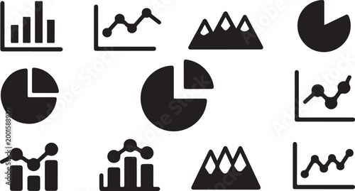 Set of business and data chart icons including bar graphs, line graphs, and pie charts on transparent background.