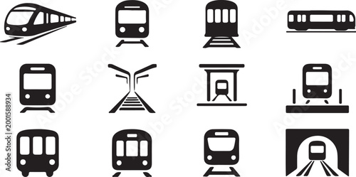 Collection of modern train and subway icons in silhouette on transparent background for transportation themes.