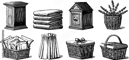 Wicker baskets and folded linens organized on storage shelf