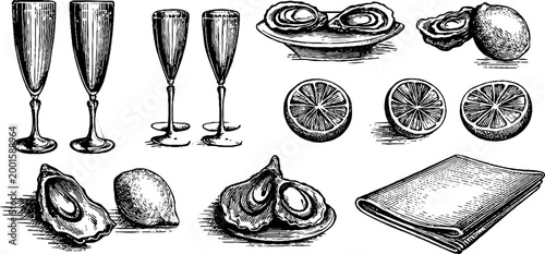 Oysters lemons and champagne glasses arranged on serving board