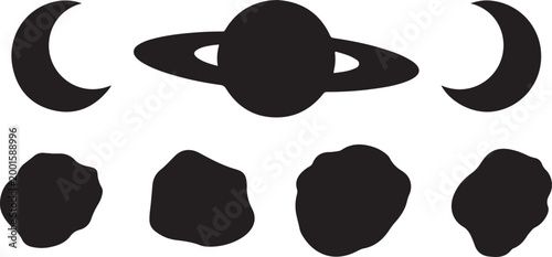 Black silhouette icons of saturn planet with rings surrounded by crescent moon shapes and irregular asteroid rocks collection set.