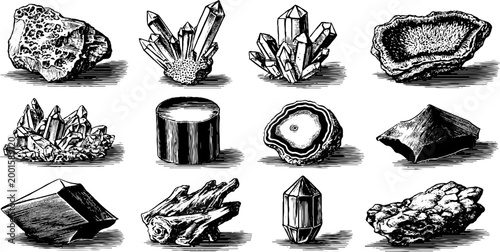 Variety of crystal and mineral specimens displayed on surface