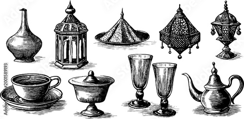 Assorted vintage cups lanterns and teapots on white background