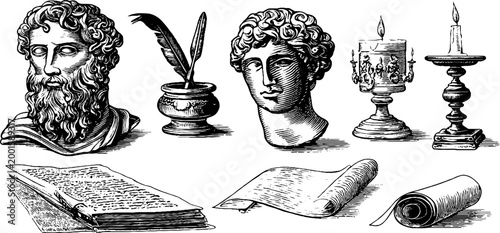 Classical busts quill and candles displayed on white background