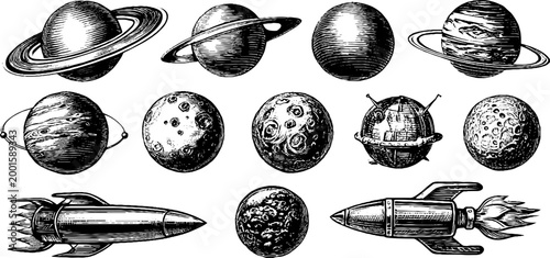 Planets moons and rockets illustrated as ink space sketches