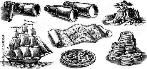 Sailing ship compass map and coins arranged in nautical set