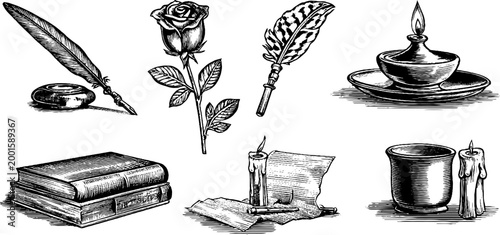 Quill pen rose books and candle arranged on white background