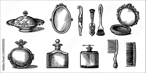 Antique vanity mirrors combs and perfume bottles on display