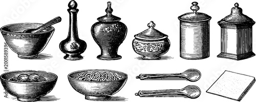 Assorted kitchen containers and utensils on white background