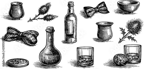 Bottles glasses and barware sketches on white background
