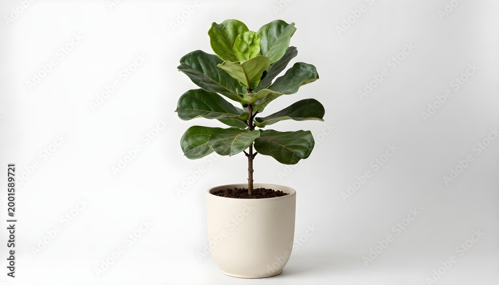 Fototapeta premium Fiddle leaf fig plant in a simple cream pot against a clean white background