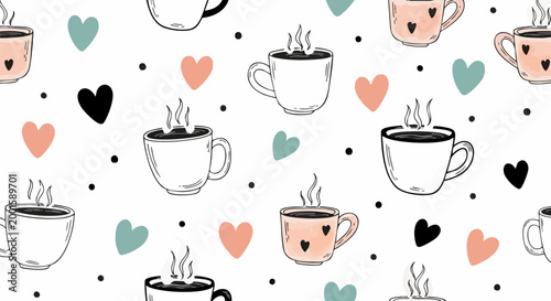 Hand drawn coffee cup seamless pattern, cute doodle mugs with hearts and steam, pastel cafe background for textile and wrapping paper vector