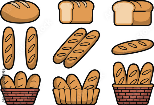 Fresh baked bread set collection featuring various loaf types baguettes and wicker baskets isolated on transparent background surface.